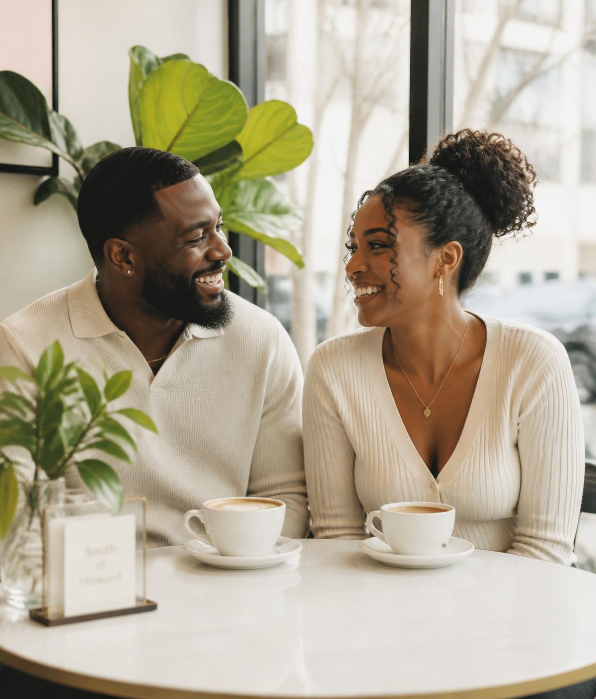 Yon bèl koup bò yon gwo fenèt nan yon salon klere
